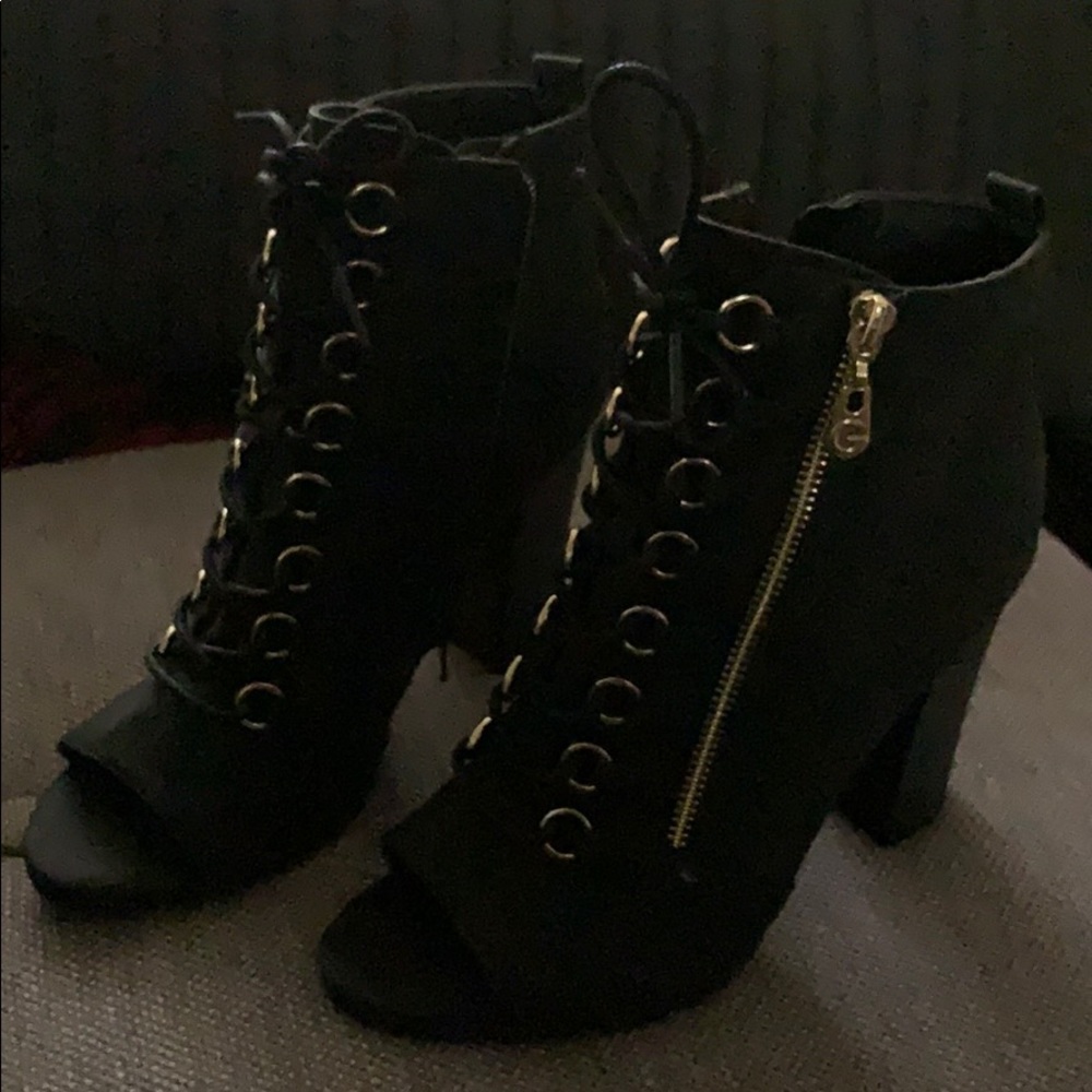 Guess Black Lace-Up Peep Toe Ankle Booties with Gold Zipper